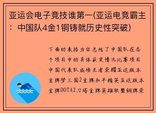 亚运会电子竞技谁第一(亚运电竞霸主：中国队4金1铜铸就历史性突破)